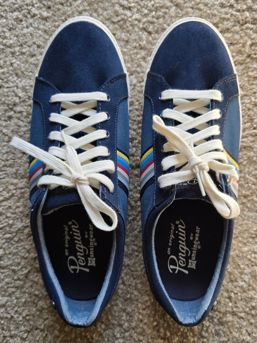 Original Penguin Navy Low-Top Sneakers with Cream Laces and Multicolor Stripes